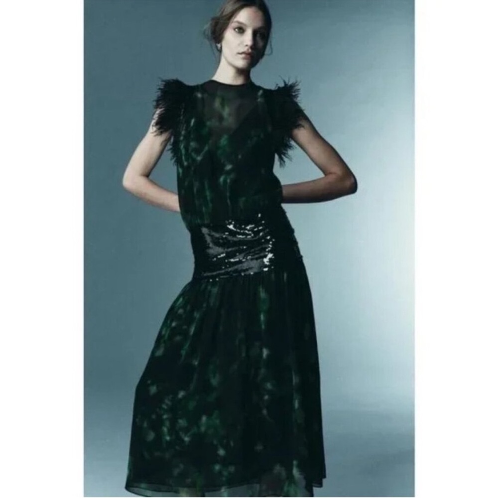ZARA LIMITED EDITION FEATHERS SEQUINS PRINTED DRESS